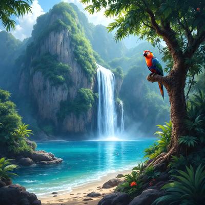 The primary subject of the image is a colorful parrot perched on a tree branch. The setting is a lush, tropical environment with a waterfall in the background. The visual style is a digital art or illustration, creating a vibrant and lively atmosphere. The dominant colors include shades of green, blue, and orange, reflecting the natural beauty of the scene.